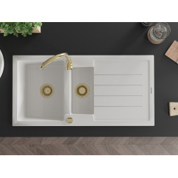 Mexen Andres  konyhai mosogató gránit 1,5 medence+csepegtetö+ pop up szifon  1000 x 500 mm, fehér , szifon  arany  - 6515101510-20-G 1,5 medencés