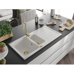 Mexen Andres  konyhai mosogató gránit 1,5 medence+csepegtetö+ pop up szifon  1000 x 500 mm, fehér , szifon  arany  - 6515101510-20-G 1,5 medencés 1,5 medencés 406959 Mexen