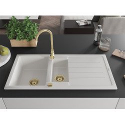 Mexen Andres  konyhai mosogató gránit 1,5 medence+csepegtetö+ pop up szifon  1000 x 500 mm, fehér , szifon  arany  - 6515101510-20-G 1,5 medencés