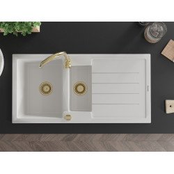Mexen Andres  konyhai mosogató gránit 1,5 medence+csepegtetö+ pop up szifon  1000 x 500 mm, fehér , szifon  arany  - 6515101510-20-G 1,5 medencés