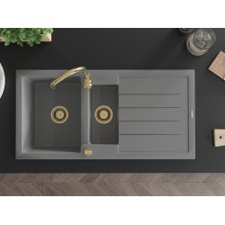 Mexen Andres  konyhai mosogató gránit 1,5 medence+csepegtetö+ pop up szifon  1000 x 500 mm, szürke , szifon  arany  - 6515101510-71-G 1,5 medencés