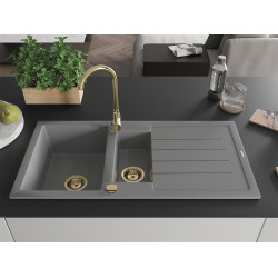 Mexen Andres  konyhai mosogató gránit 1,5 medence+csepegtetö+ pop up szifon  1000 x 500 mm, szürke , szifon  arany  - 6515101510-71-G 1,5 medencés