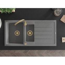 Mexen Andres  konyhai mosogató gránit 1,5 medence+csepegtetö+ pop up szifon  1000 x 500 mm, szürke , szifon  arany  - 6515101510-71-G 1,5 medencés