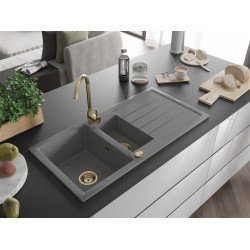 Mexen Andres  konyhai mosogató gránit 1,5 medence+csepegtetö+ pop up szifon  1000 x 500 mm, szürke , szifon  arany  - 6515101510-71-G 1,5 medencés 1,5 medencés 406959 Mexen