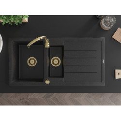 Mexen Andres  konyhai mosogató gránit 1,5 medence+csepegtetö+ pop up szifon  1000 x 500 mm fekete / króm, szifon  arany  - 6515101510-73-G 1,5 medencés