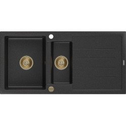 Mexen Andres  konyhai mosogató gránit 1,5 medence+csepegtetö+ pop up szifon  1000 x 500 mm fekete / króm, szifon  arany  - 6515101510-73-G 1,5 medencés 1,5 medencés 406959 Mexen