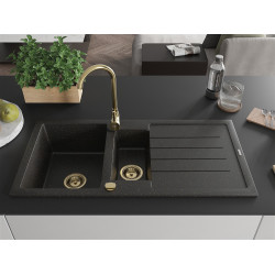 Mexen Andres  konyhai mosogató gránit 1,5 medence+csepegtetö+ pop up szifon  1000 x 500 mm fekete / arany, szifon  arany  - 6515101510-75-G 1,5 medencés