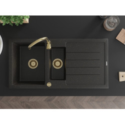 Mexen Andres  konyhai mosogató gránit 1,5 medence+csepegtetö+ pop up szifon  1000 x 500 mm fekete / arany, szifon  arany  - 6515101510-75-G 1,5 medencés