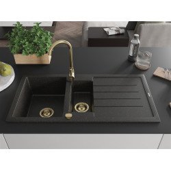 Mexen Andres  konyhai mosogató gránit 1,5 medence+csepegtetö+ pop up szifon  1000 x 500 mm fekete / arany, szifon  arany  - 6515101510-75-G 1,5 medencés