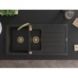 Mexen Andres  konyhai mosogató gránit 1,5 medence+csepegtetö+ pop up szifon  1000 x 500 mm fekete / arany, szifon  arany  - 6515101510-75-G 1,5 medencés