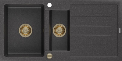 Mexen Andres  konyhai mosogató gránit 1,5 medence+csepegtetö+ pop up szifon  1000 x 500 mm fekete köhatasu, szifon  arany  - 6515101510-76-G 1,5 medencés