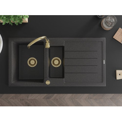 Mexen Andres  konyhai mosogató gránit 1,5 medence+csepegtetö+ pop up szifon  1000 x 500 mm fekete köhatasu, szifon  arany  - 6515101510-76-G 1,5 medencés
