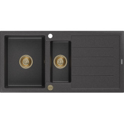 Mexen Andres  konyhai mosogató gránit 1,5 medence+csepegtetö+ pop up szifon  1000 x 500 mm fekete köhatasu, szifon  arany  - 6515101510-76-G 1,5 medencés 1,5 medencés 406959 Mexen