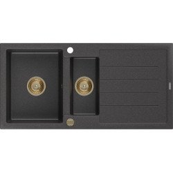 Mexen Andres  konyhai mosogató gránit 1,5 medence+csepegtetö+ pop up szifon  1000 x 500 mm fekete köhatasu, szifon  arany  - 6515101510-76-G 1,5 medencés 1,5 medencés 406959 Mexen