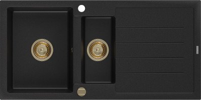 Mexen Andres  konyhai mosogató gránit 1,5 medence+csepegtetö+ pop up szifon  1000 x 500 mm fekete , szifon  arany  - 6515101510-77-G 1,5 medencés