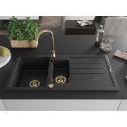 Mexen Andres  konyhai mosogató gránit 1,5 medence+csepegtetö+ pop up szifon  1000 x 500 mm fekete , szifon  arany  - 6515101510-77-G 1,5 medencés
