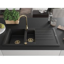 Mexen Andres  konyhai mosogató gránit 1,5 medence+csepegtetö+ pop up szifon  1000 x 500 mm fekete , szifon  arany  - 6515101510-77-G 1,5 medencés