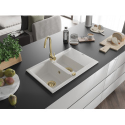 Mexen Gaspar  konyhai mosogató gránit 1,5 medence+csepegtetö+ pop up szifon  737 x 475 mm, fehér , szifon  arany  - 6507731505-20-G 1,5 medencés 1,5 medencés 406959 Mexen