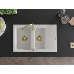 Mexen Gaspar  konyhai mosogató gránit 1,5 medence+csepegtetö+ pop up szifon  737 x 475 mm, fehér , szifon  arany  - 6507731505-20-G 1,5 medencés