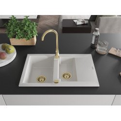 Mexen Gaspar  konyhai mosogató gránit 1,5 medence+csepegtetö+ pop up szifon  737 x 475 mm, fehér , szifon  arany  - 6507731505-20-G 1,5 medencés