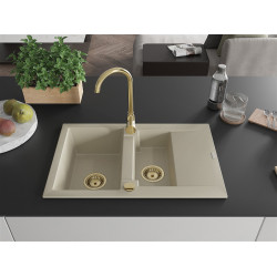 Mexen Gaspar  konyhai mosogató gránit 1,5 medence+csepegtetö+ pop up szifon  737 x 475 mm, beige, szifon  arany  - 6507731505-69-G 1,5 medencés