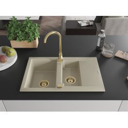 Mexen Gaspar  konyhai mosogató gránit 1,5 medence+csepegtetö+ pop up szifon  737 x 475 mm, beige, szifon  arany  - 6507731505-69-G 1,5 medencés