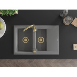 Mexen Gaspar  konyhai mosogató gránit 1,5 medence+csepegtetö+ pop up szifon  737 x 475 mm, szürke , szifon  arany  - 6507731505-71-G 1,5 medencés