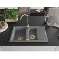 Mexen Gaspar  konyhai mosogató gránit 1,5 medence+csepegtetö+ pop up szifon  737 x 475 mm, szürke , szifon  arany  - 6507731505-71-G 1,5 medencés