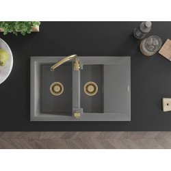 Mexen Gaspar  konyhai mosogató gránit 1,5 medence+csepegtetö+ pop up szifon  737 x 475 mm, szürke , szifon  arany  - 6507731505-71-G 1,5 medencés