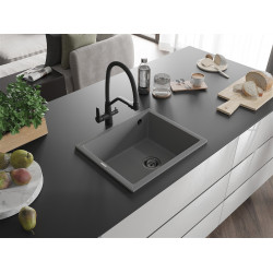 Mexen Pedro  konyhai mosogató gránit 1 medence+ pop up szifon 560 x 460 mm, szürke , szifon  fekete  - 6508561000-71-B 1 medencés 1 medencés 406959 Mexen