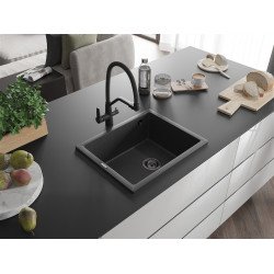 Mexen Pedro  konyhai mosogató gránit 1 medence+ pop up szifon 560 x 460 mm, fekete köhatasu, szifon  fekete  - 6508561000-76-B 1 medencés