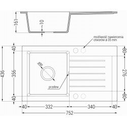Mexen Pablo  konyhai mosogató gránit 1 medence+csepegtetö+ pop up szifon  752 x 436 mm, szürke , szifon  fekete  - 6510751010-71-B 1 medencés