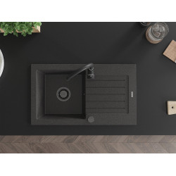 Mexen Pablo  konyhai mosogató gránit 1 medence+csepegtetö+ pop up szifon  752 x 436 mm, fekete köhatasu, szifon  fekete  - 6510751010-76-B 1 medencés