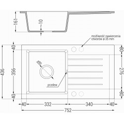 Mexen Pablo  konyhai mosogató gránit 1 medence+csepegtetö+ pop up szifon  752 x 436 mm, fekete köhatasu, szifon  fekete  - 6510751010-76-B 1 medencés