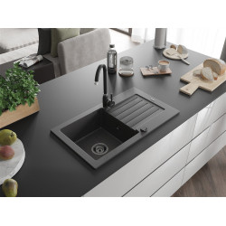 Mexen Pablo  konyhai mosogató gránit 1 medence+csepegtetö+ pop up szifon  752 x 436 mm, fekete köhatasu, szifon  fekete  - 6510751010-76-B 1 medencés
