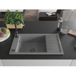 Mexen Elias  konyhai mosogató gránit 1 medence+csepegtetö+ pop up szifon  795 x 480 mm, szürke , szifon  fekete  - 6511791005-71-B 1 medencés