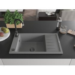 Mexen Elias  konyhai mosogató gránit 1 medence+csepegtetö+ pop up szifon  795 x 480 mm, szürke , szifon  fekete  - 6511791005-71-B 1 medencés