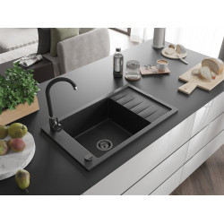 Mexen Elias  konyhai mosogató gránit 1 medence+csepegtetö+ pop up szifon  795 x 480 mm, fekete / króm, szifon  fekete  - 6511791005-73-B 1 medencés