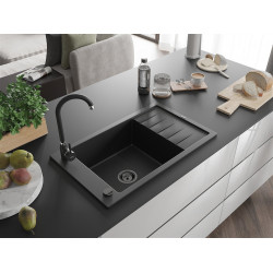Mexen Elias  konyhai mosogató gránit 1 medence+csepegtetö+ pop up szifon  795 x 480 mm, fekete , szifon  fekete  - 6511791005-77-B 1 medencés 1 medencés 406959 Mexen