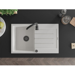 Mexen Bruno  konyhai mosogató gránit 1 medence+csepegtetö+ pop up szifon  795 x 495 mm, fehér , szifon  fekete  - 6513791010-20-B 1 medencés