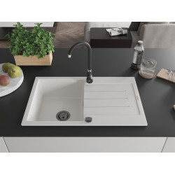 Mexen Bruno  konyhai mosogató gránit 1 medence+csepegtetö+ pop up szifon  795 x 495 mm, fehér , szifon  fekete  - 6513791010-20-B 1 medencés