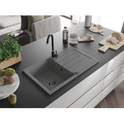 Mexen Bruno  konyhai mosogató gránit 1 medence+csepegtetö+ pop up szifon  795 x 495 mm, szürke , szifon  fekete  - 6513791010-71-B 1 medencés