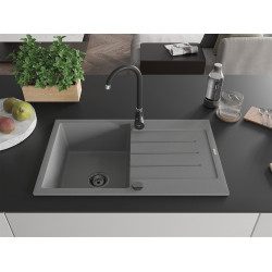 Mexen Bruno  konyhai mosogató gránit 1 medence+csepegtetö+ pop up szifon  795 x 495 mm, szürke , szifon  fekete  - 6513791010-71-B 1 medencés