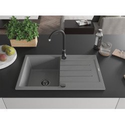Mexen Bruno  konyhai mosogató gránit 1 medence+csepegtetö+ pop up szifon  795 x 495 mm, szürke , szifon  fekete  - 6513791010-71-B 1 medencés