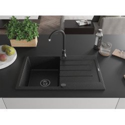 Mexen Bruno  konyhai mosogató gránit 1 medence+csepegtetö+ pop up szifon  795 x 495 mm, fekete / króm, szifon  fekete  - 6513791010-73-B 1 medencés