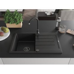 Mexen Bruno  konyhai mosogató gránit 1 medence+csepegtetö+ pop up szifon  795 x 495 mm, fekete , szifon  fekete  - 6513791010-77-B 1 medencés