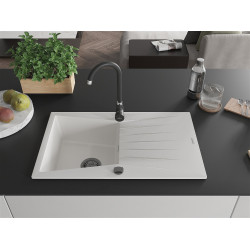 Mexen Cesar  konyhai mosogató gránit 1 medence+csepegtetö+ pop up szifon  775 x 470 mm, fehér , szifon  fekete  - 6514771010-20-B 1 medencés