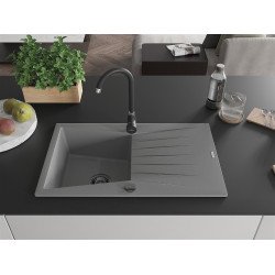 Mexen Cesar  konyhai mosogató gránit 1 medence+csepegtetö+ pop up szifon  775 x 470 mm, szürke , szifon  fekete  - 6514771010-71-B 1 medencés