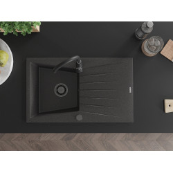 Mexen Cesar  konyhai mosogató gránit 1 medence+csepegtetö+ pop up szifon  775 x 470 mm, fekete köhatasu, szifon  fekete  - 6514771010-76-B 1 medencés