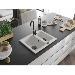 Mexen Carlos  konyhai mosogató gránit 1,5  medence+ pop up szifon 582 x 475 mm, fehér , szifon  fekete  - 6518581500-20-B 1,5 medencés 1,5 medencés 406959 Mexen